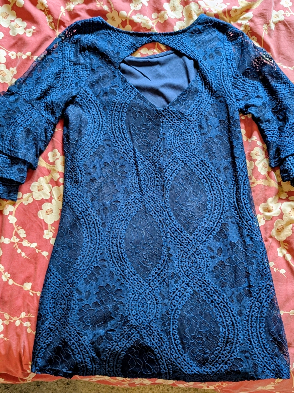 Blue Lace Shift Dress/Top With Semi-Open Back and 3/4 Ruffled Bell Sleeves